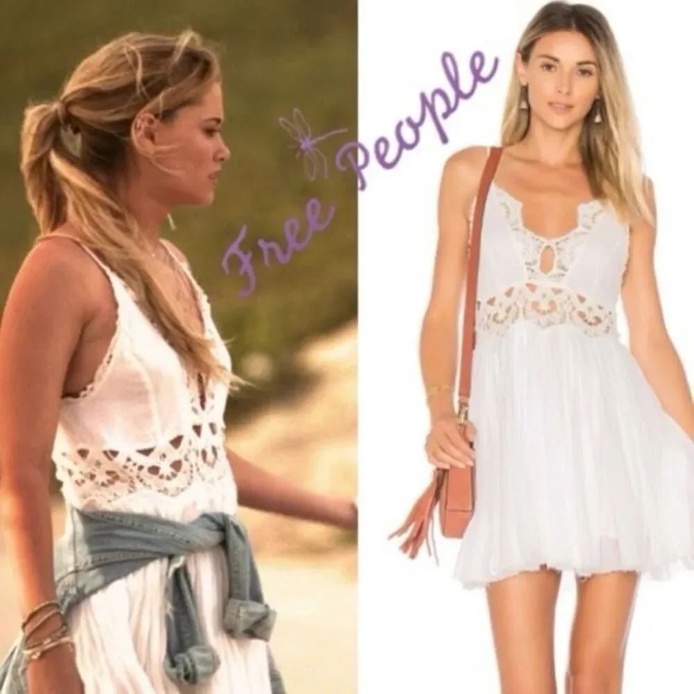 FREE PEOPLE One “Ilektra” Mini Dress | White Crochet Lace Boho Cottagecore Festi